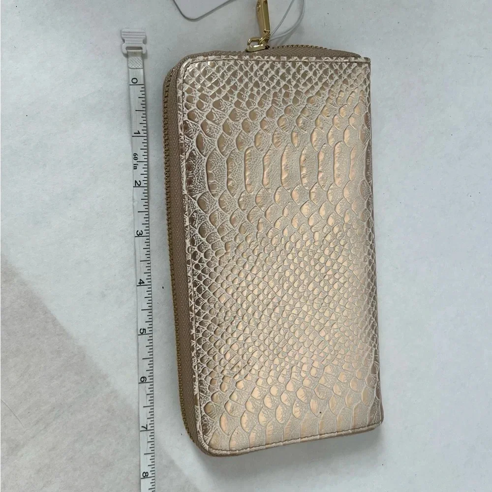 NWT - Charming Charlie Snake Skin Zip Around Wallet Gold Shimmering Clutch Bag